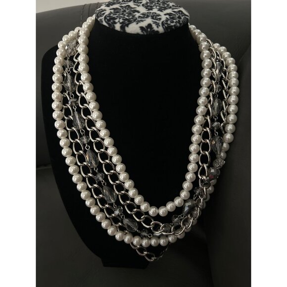 Elegant Multi-Strand Faux Pearl & Silver Chain Necklace With Crystal Accents - Picture 4 of 5